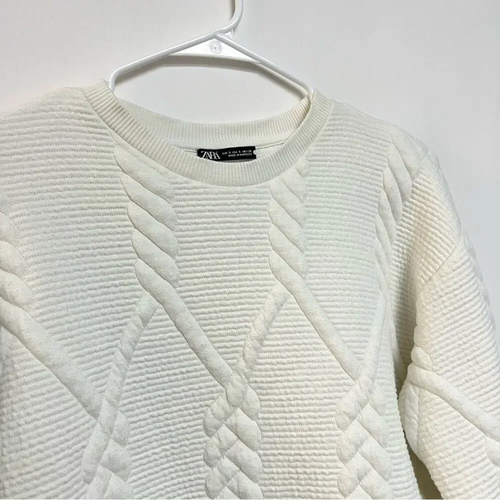 Zara White Quilted Pullover Sweatshirt Sweater Ribbed Knit Crewneck Small
